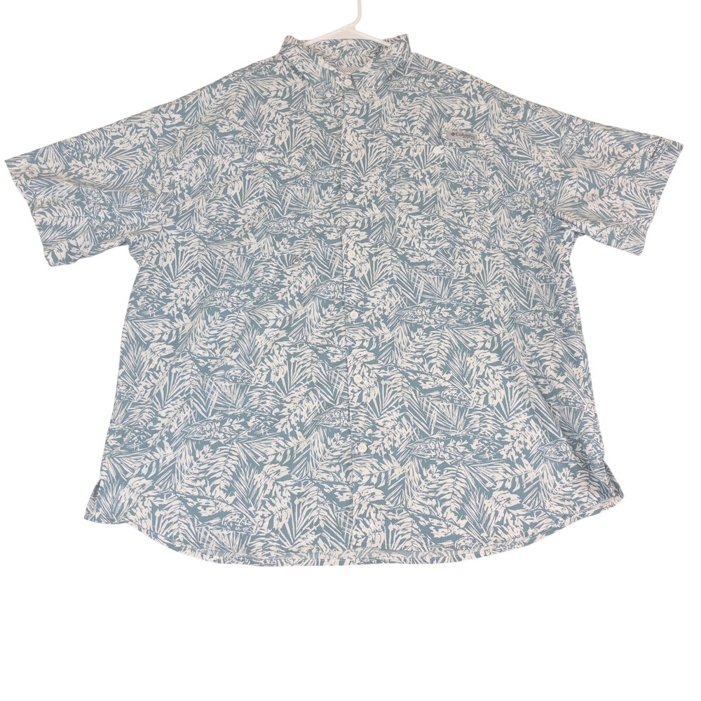 Columbia PFG Tamiami Mens XXL Blue White Tropical Palm Fish Print Fishing Shirt